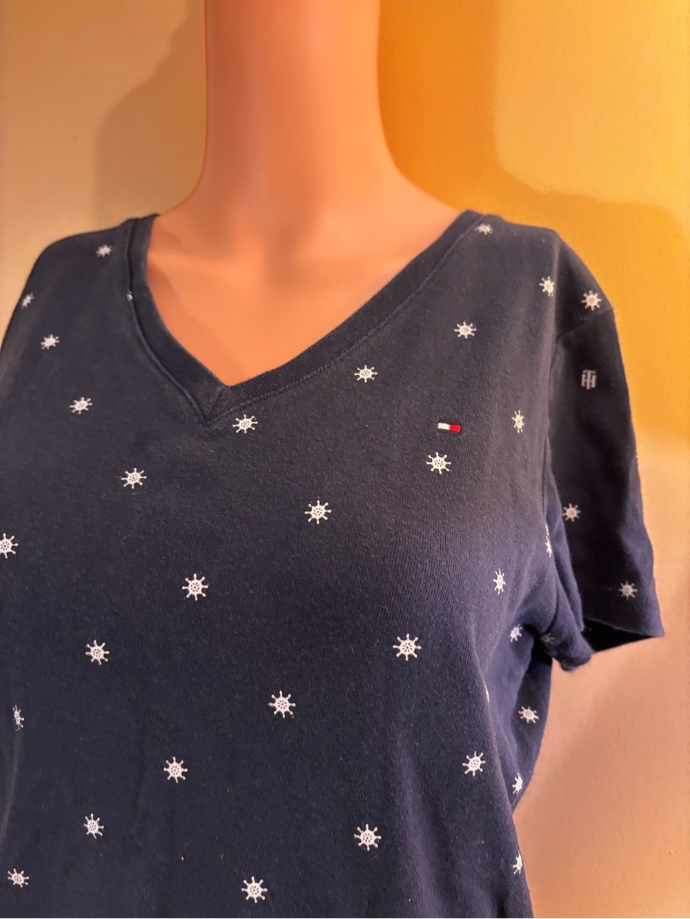 Tommy Hilfiger Navy V-Neck Tee with White Snowflake Embroidery